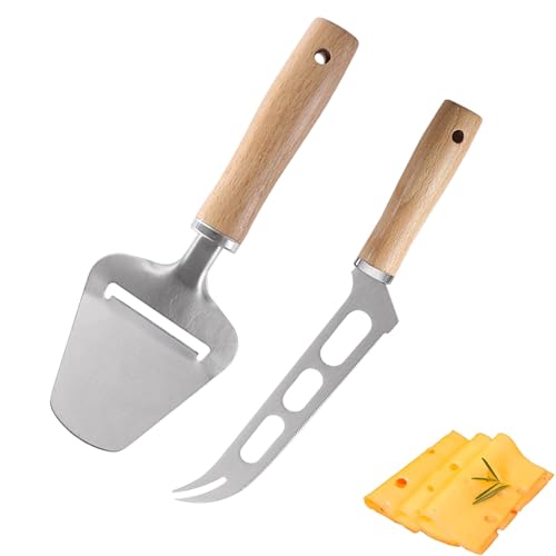 2 Stück Käsemesser, Käsehobel Set, Holzgriff Cheese Slicer, Käsemesser Profi Käseschneider für Weichkäse und Schnittkäse, Multifunktional - Federleicht