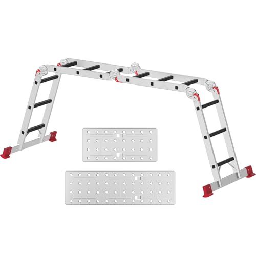 AMHANCIBLE Mehrzweckleiter, Leiter, 3.4M Aluleiter, 4 x 3 Stufen, Trittleiter, Haushaltsleiter, bis 150 kg,12 Stufen, in 6 Positionen, TÜV/GS Zertifiziert, Anti-Rutsch, Stabil und Robust EBAL01RD