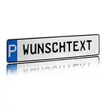 Individuelles Parkplatzschild 520x110mm mit P-Symbol aus Aluminium Wunschkennzeichen mit eigenem Text Wunschname für Parkplatz Schild (01 P - Wunschtext)