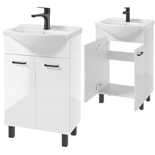 Deftrans Domodomo Badezimmerschrank mit Waschbecken, 85 x 55 x 42 cm weißer Waschbeckenschrank, Keramik Waschbecken Set, Standschrank für kleines Bad