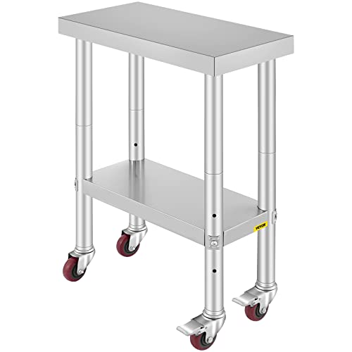 VEVOR Arbeitstisch 61 x 30 x 85 cm Edelstahl Catering Arbeitstisch Belastbarkeit 150 kg, Lebensmittel Zubereitungstisch mit Nachlauf Gewerbliche Arbeitstisch für Küche Bar 4 verstellbare Füße
