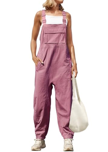 shownicer Damen Latzhose Sommer Baggy Jumpsuit Ärmelloser Overall Baumwolle Leinen Loose Bib Pants Einfarbig Arbeitshose Trägerhose Strampler Mit Taschen A Rosa XXL