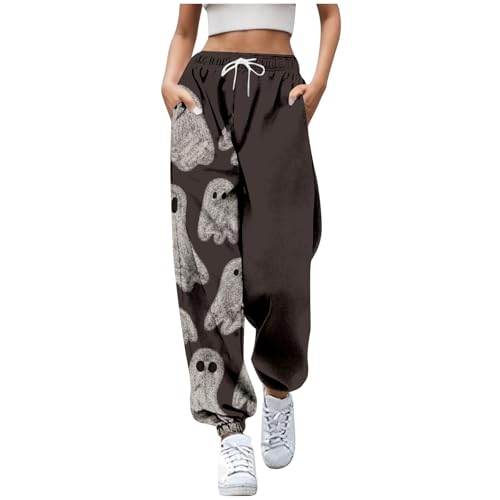 Damen /Winter Halloween Bedruckte Jogginghose mit hoher Taille Stretch-Schnürung Militär Hose Damen Schwarz Jogginghose Damen Baggy High Waist Hose Damen Schwarz Trainingshose Damenlang (f-Coffee, L)