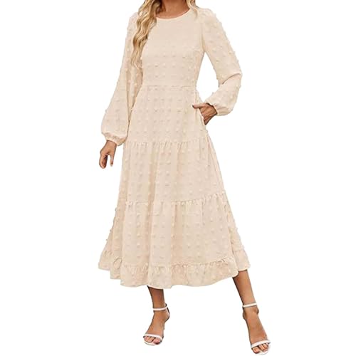 Baumwollkleid für Damen, 2024, Wickelkleid, U-Ausschnitt, Rüschenärmel, Boho, Rüschenschlitz, fließend, lang, Maxikleid, Tüll, Maxikleid, beige, L