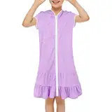 Bademantel Mädchen Kurzarm Einfarbig Badeponcho mit Kapuze Kinder Badeanzug Coverup Kleid Sommer Schwimmen Cover Up Strandkleid Moden Mädchenkleider Teenager Kinderkleid Poncho mit Reißverschluss