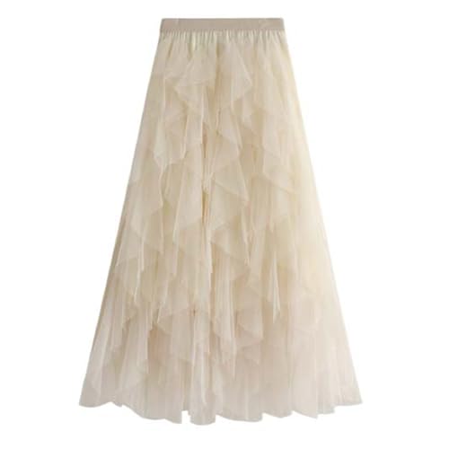 2025 - Damen Midirock mit hoher Taille, dünn und süß, Netznähte, A-Linie, Kuchenrock Experience Herren Hose (Beige, One Size)