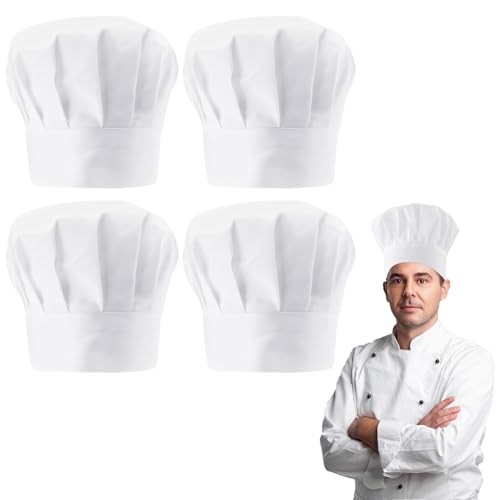 WEFHEF 4 Stück Weiß Kochmütze Herren Verstellbar Kochmütze Unisex Kochhut Männer Damen Erwachsene Kochhaube Herren mit Gummiband Koch Kopfbedeckung Chef Hut Chef Hat Küchenmütze für Café Hotel