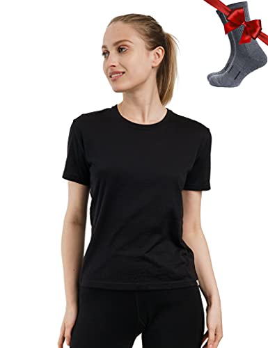 Merino.tech 100% Merino T Shirt Damen - Merinowolle Sport Wandern Thermoshirt Damen + Wandersocken (Medium, Black Crewneck)