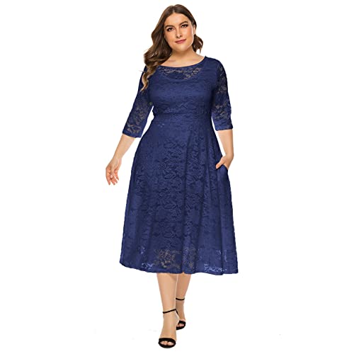 Kleider Große Größen Festlich Abendkleid Elegant für Hochzeit Mollige Frauen 3/4 Ärmel Midi Spitzenkleid Damen Hochzeit Gast Knielang Coctailkleid Abschlusskleider Festkleider Abikleid Dunkelblau XXL