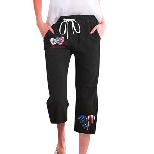 3/4 Hose Damen weitem Bein für Damen, Boho-Blumenmuster, 2025, Sommer-Strand-Culotte, fließende Freizeithose den Urlaub Schwarz 38(Schwarz,S)