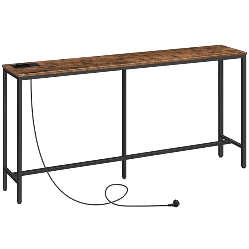 MAHANCRIS Konsolentisch mit Ladestation, 160 cm schmaler Sofatisch, industrieller Eingangstisch mit USB-Anschlüssen, Sofa-Beistelltisch für Eingang, Flur, Foyer, Wohnzimmer, Vintagebraun ACTHR16UE01