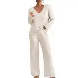 Hausanzug Damen Winter Pyjama Damen Lang Zweiteiler Damen Strickpullover Damen Oversize Loungewear Langarmshirt Hose 2 Teiler Damen Elegant V-Ausschnitt Lounge Set Damen Mit Taschen(Beige,XXL)