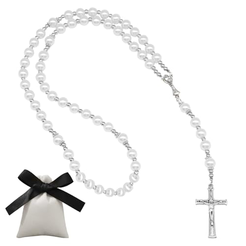 Rosenkranz Kommunion Halskette, Perlen Katholische Kreuz Halskette, Taufe Rosenkranz, Katholisches Rosenkranz Halskette, Elegante Kreuz Gebetskette Christlich Kommunion Geschenk für Mädchen Jungen