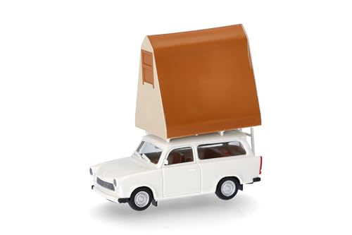 herpa 024167-002 Modellauto Trabant 601 Universal mit Dachzelt, Miniatur im Maßstab 1:87, Sammlerstück, Made in Germany, Modell aus Kunststoff Miniaturmodell, Grauweiß