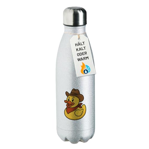 Huuraa Sportflasche Quietscheente Cowboy Gummiente Wilder Westen Geschenk 500ml Silver Edelstahl Quietscheente Cowboy Überraschung