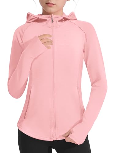 LIONJIE Leichte Jacke für Mädchen, langärmelig, Reißverschluss, athletischer Kapuzenpullover, LSF 50+, Angeln, Wandern, Sonnenschutz, Pink, 4-5 Jahre