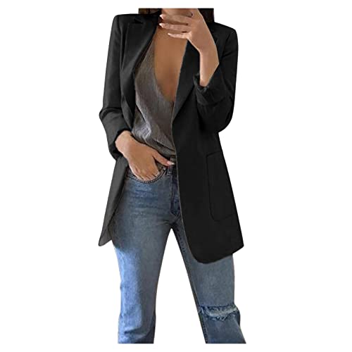 blazer damen pink, Blazer Damen Elegant Langarm Einfarbig Mantel Jacke Revers Geschäft Büro Anzugjacke Lang mit Tasche Sakko Anzug Business Longblazer Frühling Sommer Trenchcoat