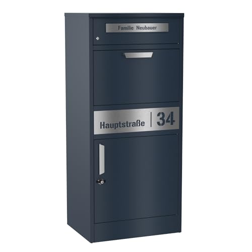 Graviers Design Paketbriefkasten mit Brieffach personalisiert freistehend - Edelstahl Namensschild Hausnummer Laserschnitt Gravur - pulverbeschichteter Briefkasten Postbox Paketbox Design 1