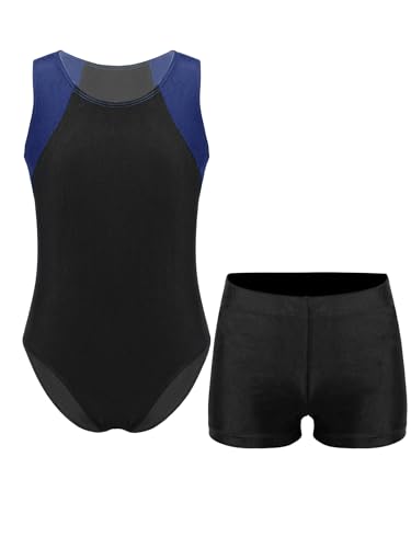 Sxiwei Kinder Turnanzug Jungen Gymnastik Trikot Tanzen Ballet Kleidung Set Ärmellos Trikotanzug mit Shorts Ballttkleidung Marineblau und Schwarz A 122-128
