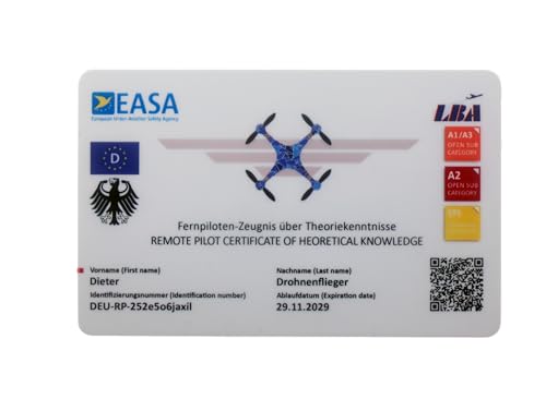 MJ Drohnenführerschein - mit QR-Code + Bundesadler und Adresse auf Rückseite, Kompetenznachweis für A1-A3, A2 oder STS-Lizenz in Scheckkartengröße, Plastikkarte mit EASA Kartenschuber optional