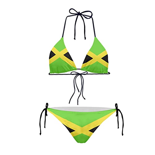 Howilath Damen Bikini 2 Stück Set Dreieckige Krawatte Halter Gepolstert Badeanzug Nationalflagge Blume Obst Muschel, Jamaika-Flagge, L