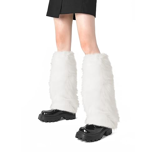 XEPST Damen Kunstpelz Beinwärmer Plüsch Beinwärmer, Mädchen Furry Fuzzy Beinwärmer Winter Stulpen Damen für Winterwärmer Karneval Halloween Fasching Mottoparty Verkleidung, Weiß