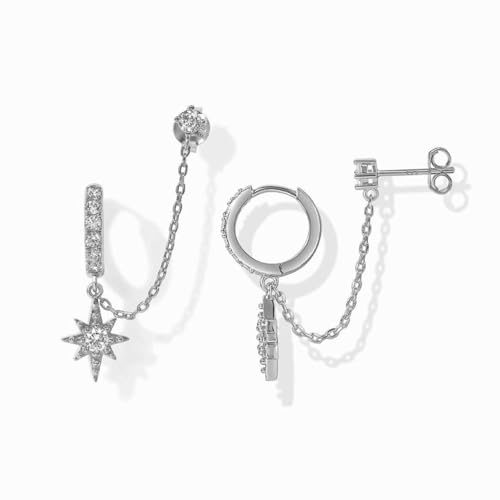 Creolen Ohrringe Hängend für Damen, Doppel Piercing Ohrstecker Creolen mit Kette, Hypoallergen Ohrringe mit Zirkonia, Stern Hängeohrringe Silber Schmuck, Knorpel Ohrringe Set
