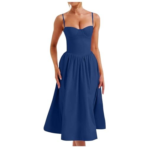 2025 Korsettkleid für Damen, Träger-Bustier, Midi-Kleid, fließendes Korsett mit plissiertem Saum Rotes Kleid Damen Kurz Abschluss (Blue, L)