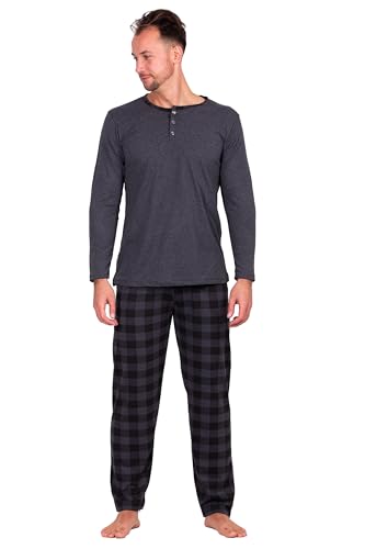 HEYO Schlafanzug Herren Lang Pyjama Baumwolle Zweiteiliges Set Langarm Shirt Lange Karierte Pyjamahose (DE/NL/SE/PL, Alphanumerisch, XL, Regular, Regular, Standard, Dark Grey)