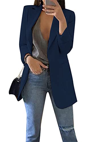 OMZIN Damen Elegant Langarm Blazer Einfarbig Slim Fit Revers Büro Jacke Kurz Mantel Anzüge Bolero Mit Knopfleiste Military Blazer Navy Blau M