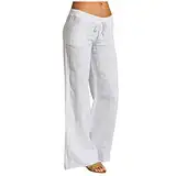 Zuoyue Frauen Baumwolle Leinen Hosen Lässig Lose Einfarbig Strandhose Elastische Hohe Taille Breites Bein Sommer Strand Hosen Yoga Hosen mit Taschen, weiß, S