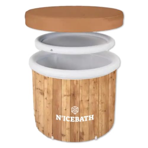 N'ICEBATH RefreshPod (80 cm Ø x 75 cm) Eisbad Eistonne Erwachsene für Profis, Sportler und Athleten mit Schutzhülle für Outdoor und Indoor in einzigartiger Holz-Optik