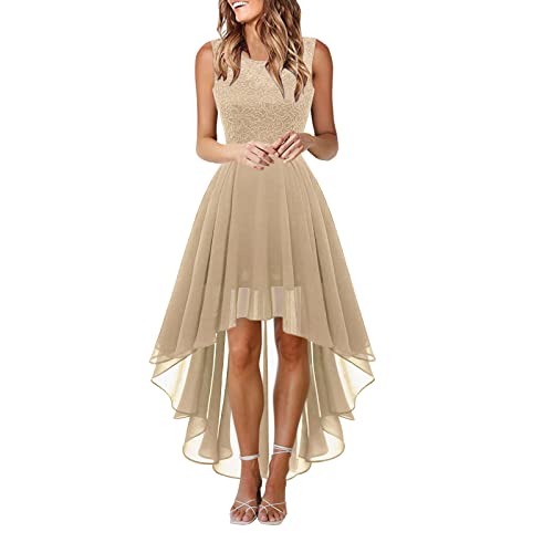 unilarinna Frauen Spitze Kleid mit Schleife Gürtel Abendkleid elegant unregelmäßige Länge ärmellos Chiffon Brautjungfer Cocktail Party Damen Slim Fit ohne Bounce Wrapped Brust Ärmellos Cocktailkleid