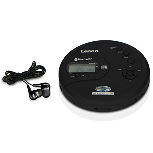 Lenco CD-300 - Tragbarer CD-Player Walkman - Bluetooth Diskman - CD Walkman - MP3 Funktion - Antishock - 2 x 2000mAh Akku - Kopfhörer - Micro USB Ladekabel - Schwarz