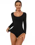 Becotal Damen Body Shaper Shapewear Stark Formend Bauchweg Langarm Unterhemd Rundhals Bodysuit Top Nahtlose Basic Shirt, Schwarz, M