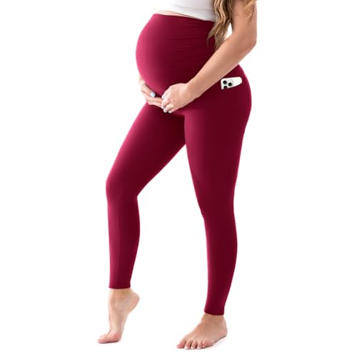 Walifrey Women's Maternity Leggings， High Waist Opaque Comfortable Pregnancy Burgundy Leggings M