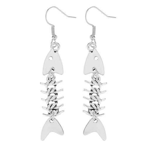 Mabor Ohrringe Fisch Skelett, Ohrhänger Ohrschmuck Fischgräten Grunge Accessoires Zinklegierung Lange Coole Weird Ohrringe Silber Y2k Punk Gothic Schmuck Fischhaken Hängend Schräge für Frauen Mädchen