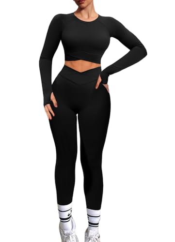 Navneet Sport Set Damen Gym Workout Set Lang Sportset Outfit Fitness Set Langarm Rückenfrei Oberteil Scrunch Leggings V Waist Leggings Zweiteiler Schwarz S