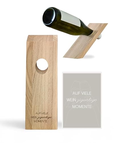 Livlig53 LIVLIG Weinflaschenhalter aus Holz, Magischer Flaschenhalter mit personalisiertem Flaschenetikett, Geschenkidee, Spruch: Auf viele weinzigartige Momente