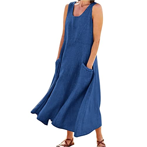 Tankkleid Damen Ärmellos Baumwoll Leinen Vintage Einfarbig Sommerkleid Leinenkleider Strandkleid Lose Rundhals Maxikleid A-Linie Kleider Große Größen Langes Kleid Partykleid Freizeitkleid mit Taschen