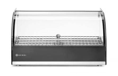 HENDI Warmhaltevitrine, Temperatur regelbar bis 85°C, große Glasture, mit heraunehmbarer Krümelschublade, inklusive feinmaschigem GN 1/1 Rost, einzeln, 230V, 400W, 554x376x(H)311mm, Edelstahl