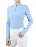 Harrison Howard Damen Reit-Shirts, langärmelig, Reiteroberteil, Stehkragen mit Stickerei, Reitsport Show Shirts, Eisblau, Klein