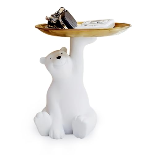 Sonwaha Schlüsselschale Multifunktionale Tablett Deko Eisbär Schlüssel Schale Wohnzimmer Deko Eisbär Skulpturen mit Dekotablett Schale für Schlüssel Schmuck Aufbewahrungsbox