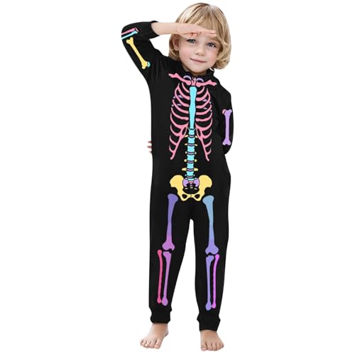 WKAYsIV Halloween Jumpsuit Kinder Eltern und Kinder, weißer Overall mit Skelett-Aufdruck und Kapuze und Reißverschluss (Papa) Jumpsuit Jungen(Rosa #3,6T)