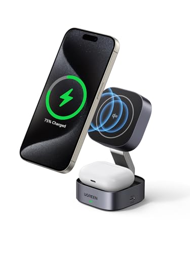 UGREEN MagFlow Qi2 zertifizierte 15W 2 in 1 Ladestation kompatibel mit MagSafe faltbares Wireless Charger für iPhone 16/15/14/13, AirPods 2/3, unterstützt Standby-Funktion, mit 1M Kabel