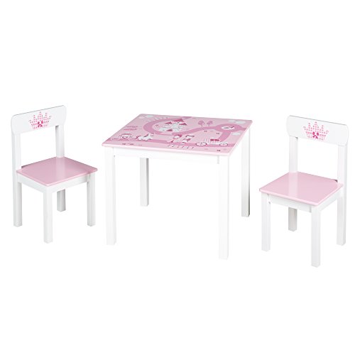 roba Sitzgruppe für Kinder Krone - Kindertisch Set aus Holz mit 2 Kinderstühlen & Tisch - Kinderzimmer Möbel mit Prinzessin & Einhorn Motiv - Rosa / Weiß