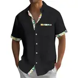 Rosennie Hemd Herren Langarm Unterziehshirt Herren Funktionsshirt Herren Langarm Revers Tropisch Vintage Blumen Patchwork Cuba Hemd Mit Brusttasche Kurzarm Longshirt (Schwarz, 4XL)