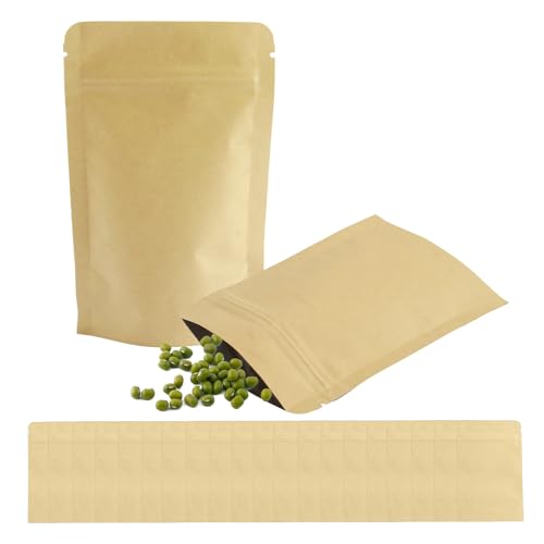 50PCS Kraftpapiertüten Mit Folie Ausgekleideten14x9cm, Papier Beutel Kraftpapier Braune Beutel Standbeutel Papiertütchen Mit Boden Tüten Für Nüsse Kaffeebohnen Teeblätter