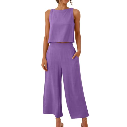 Sommer Zweiteiler Damen Elegant Musselin Bluse Damen Hosenanzug Kurzarm Ärmello Top und Hosen Outfit Set Modische Einfarbig Freizeitanzug Baumwolle Loungewear mit Taschen Weite Bein Hosenanzüge