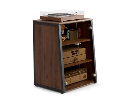 FITUEYES Design HiFi Rack mit Glastüren, Plattenspieler Tisch mit der Schutzausrüstung, HiFi Regal mit verstellbaren Ablagen für Plattenspieler & Stereoanlagen & Kompaktanlage, 66 x 65 x 81 cm